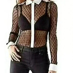 GUESS Women's Dotted Mesh Tuxedo Blouse Size L